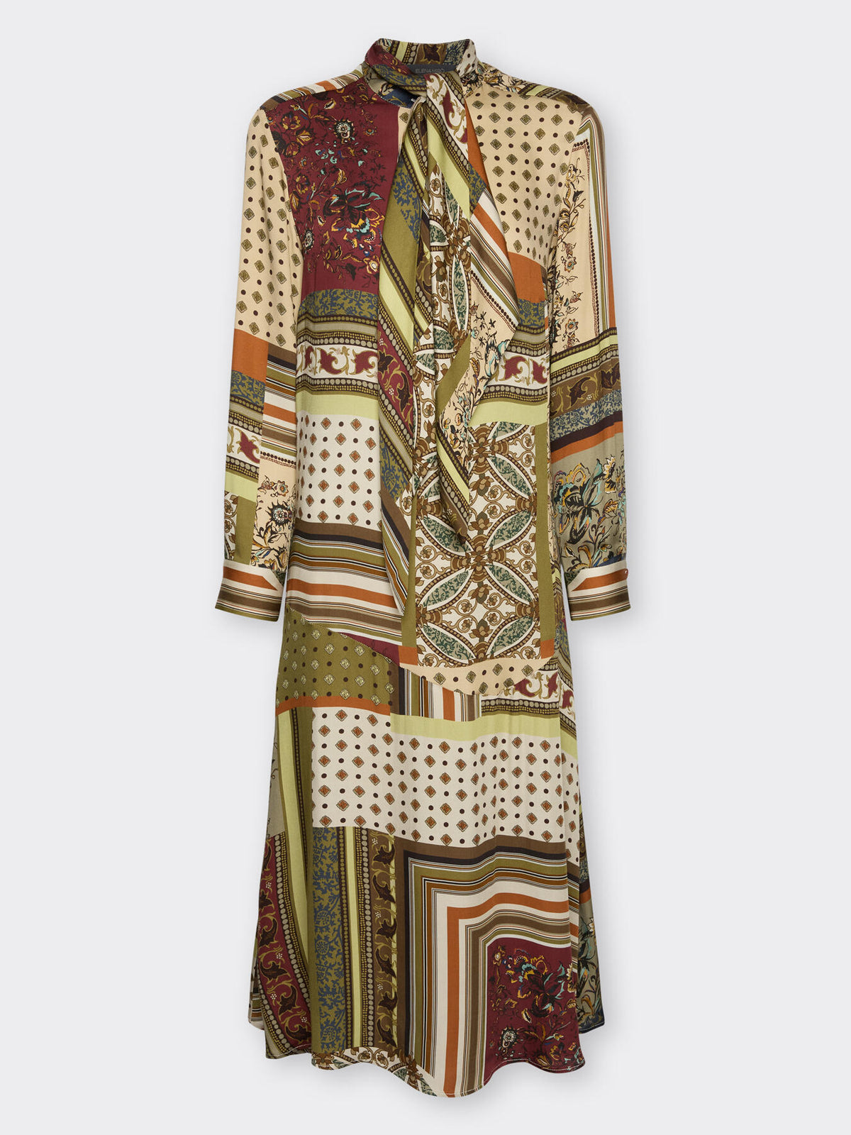 ELM-7033P1003 NATURAL&OLIVE FOULARD PRINT DRESS