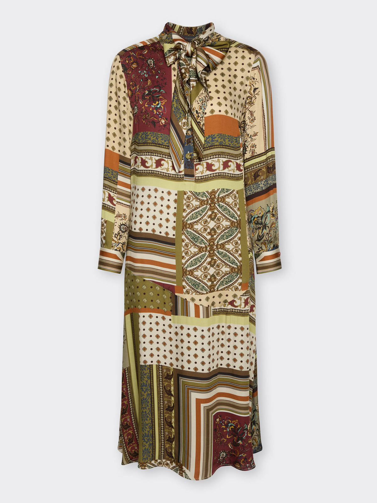 ELM-7033P1003 NATURAL&OLIVE FOULARD PRINT DRESS
