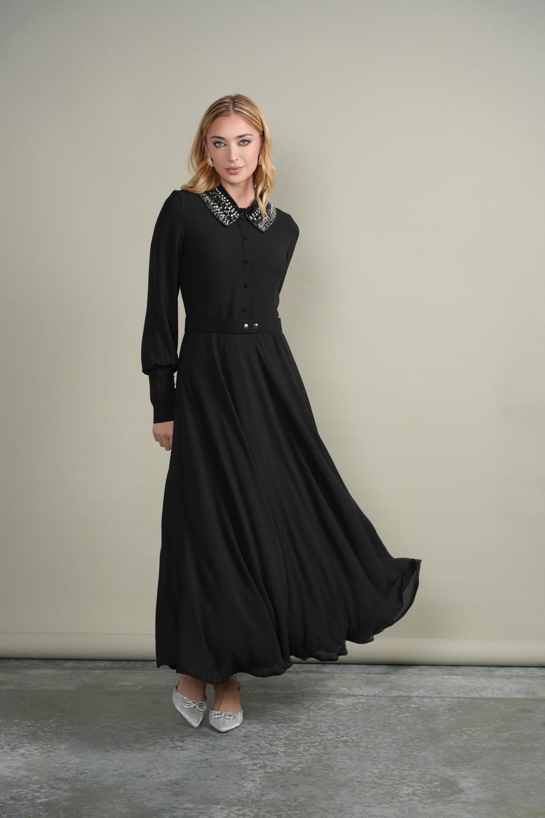 MIK-7236 DIAMANTE COLLAR BLACK DRESS