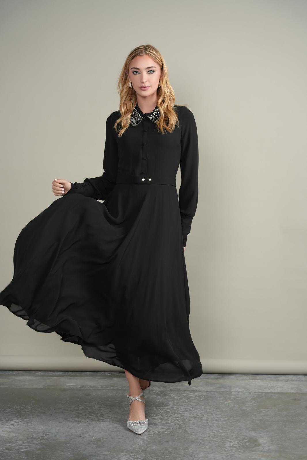 MIK-7236 DIAMANTE COLLAR BLACK DRESS