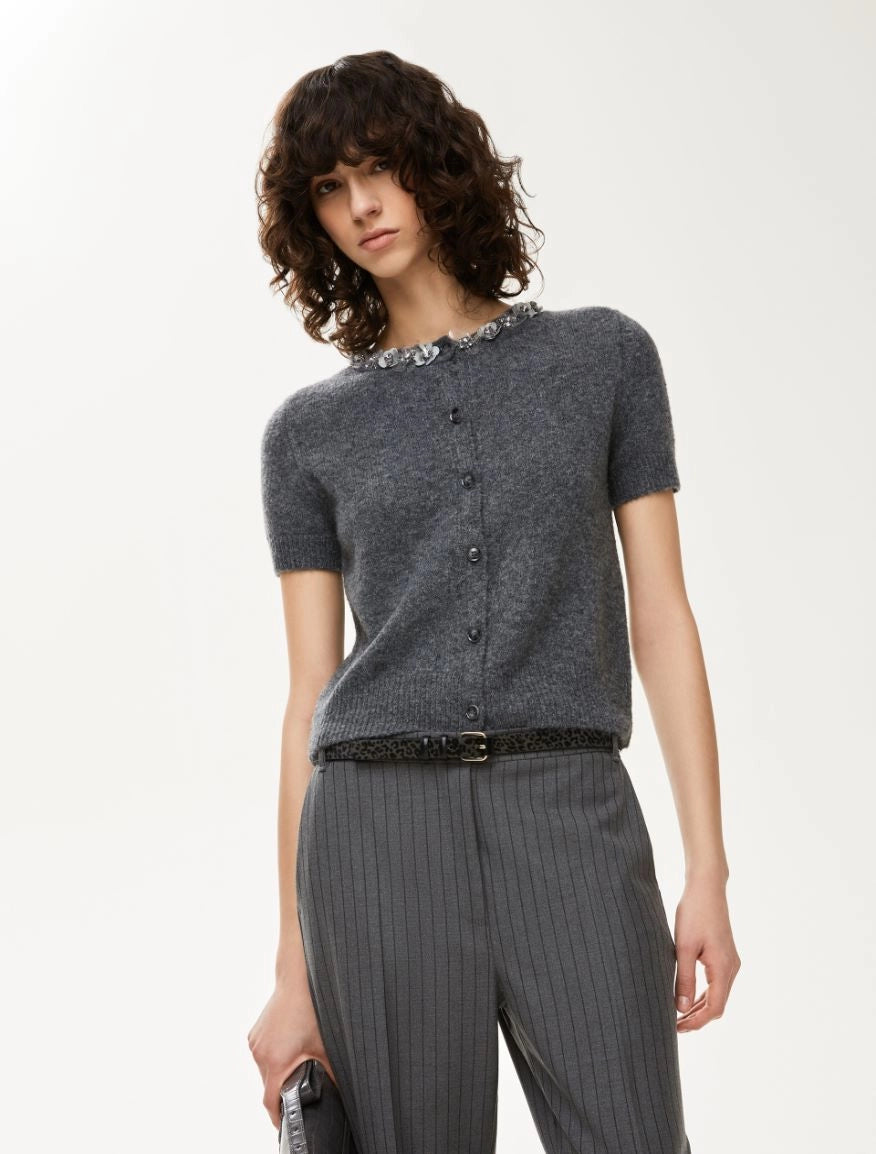 IBL-252734605 FIDENZA GREY JEWEL FLOWER CARDIGAN