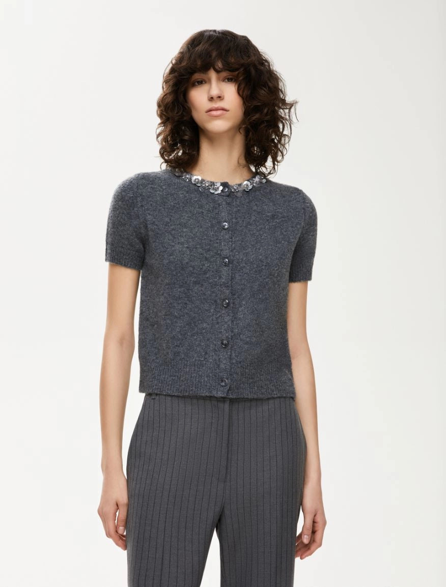IBL-252734605 FIDENZA GREY JEWEL FLOWER CARDIGAN