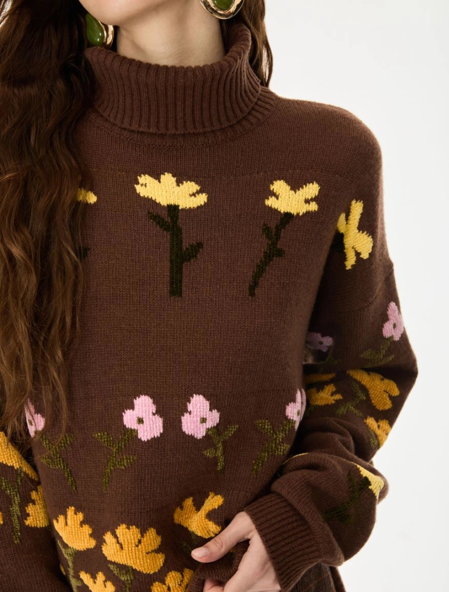 IBL-2627366262200 IBLORLI BROWN FLOWER POLO NECK T