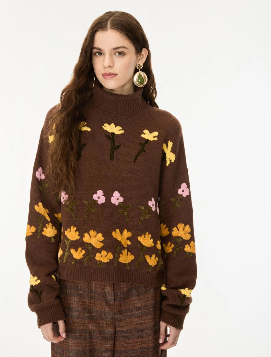 IBL-2627366262200 IBLORLI BROWN FLOWER POLO NECK T