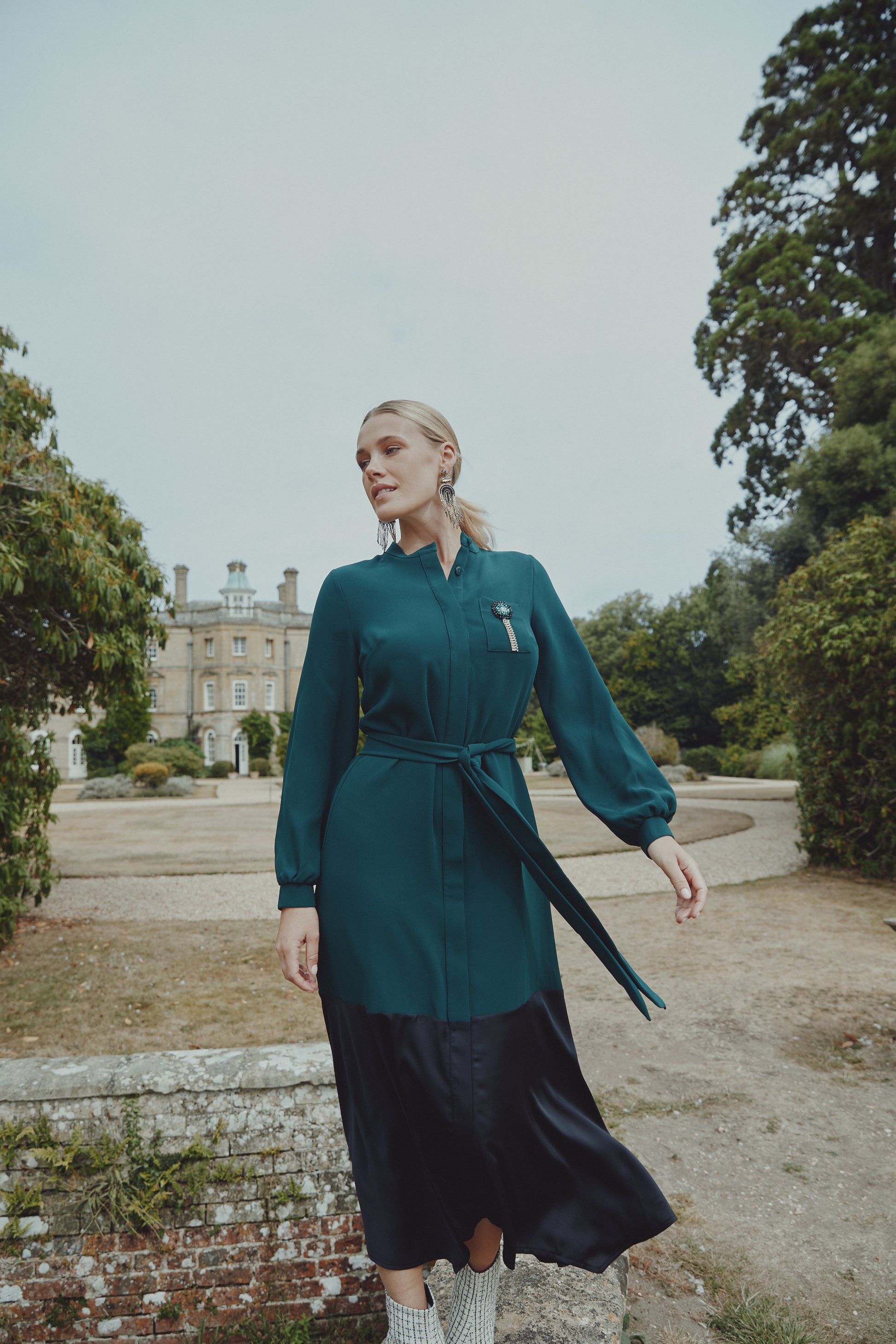 NOI-7430 GREEN&BLACK BELTED SATIN DRESS