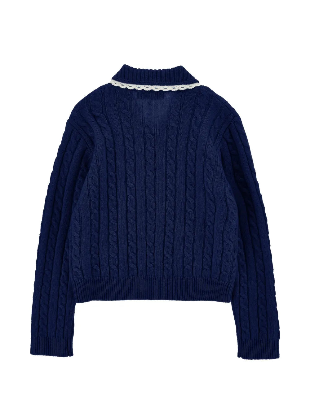 PHK-I9H802 NAVY CABLE KNIT TRIMMED CARDIGAN