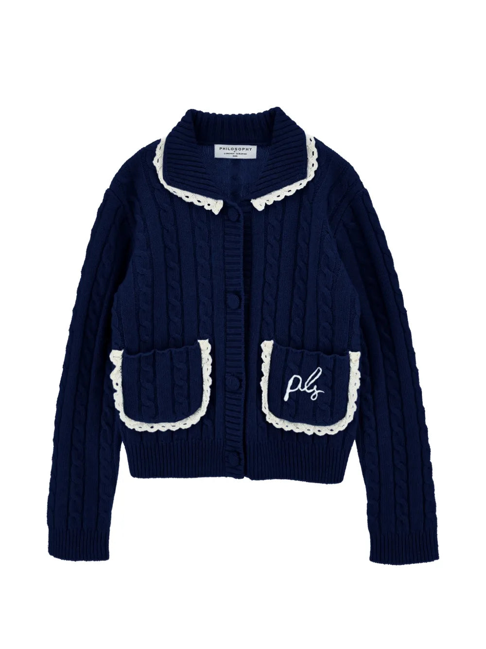 PHK-I9H802 NAVY CABLE KNIT TRIMMED CARDIGAN
