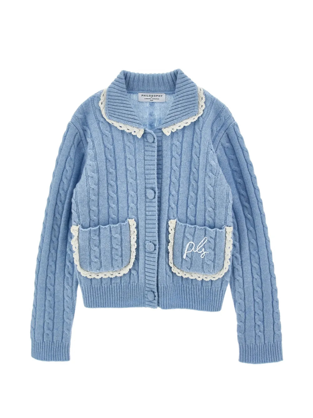 PHK-I9H802 BLUE CABLE KNIT TRIMMED CARDIGAN