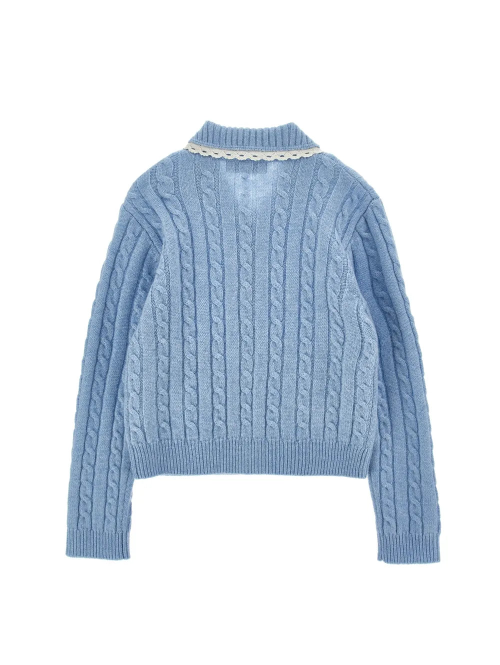 PHK-I9H802 BLUE CABLE KNIT TRIMMED CARDIGAN