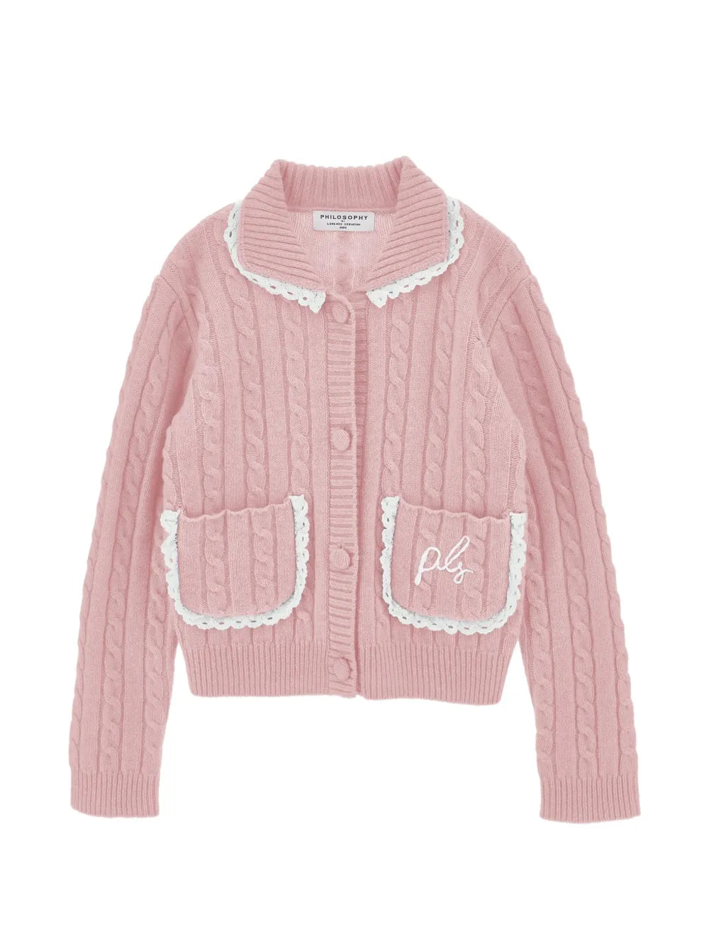 PHK-I9H802 PINK CABLE KNIT TRIMMED CARDIGAN