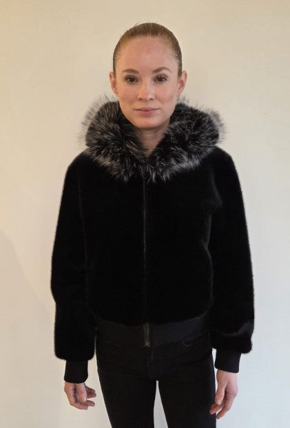 FSL-8055 BLACK FAUX MINK&FOX TRIM JACKET