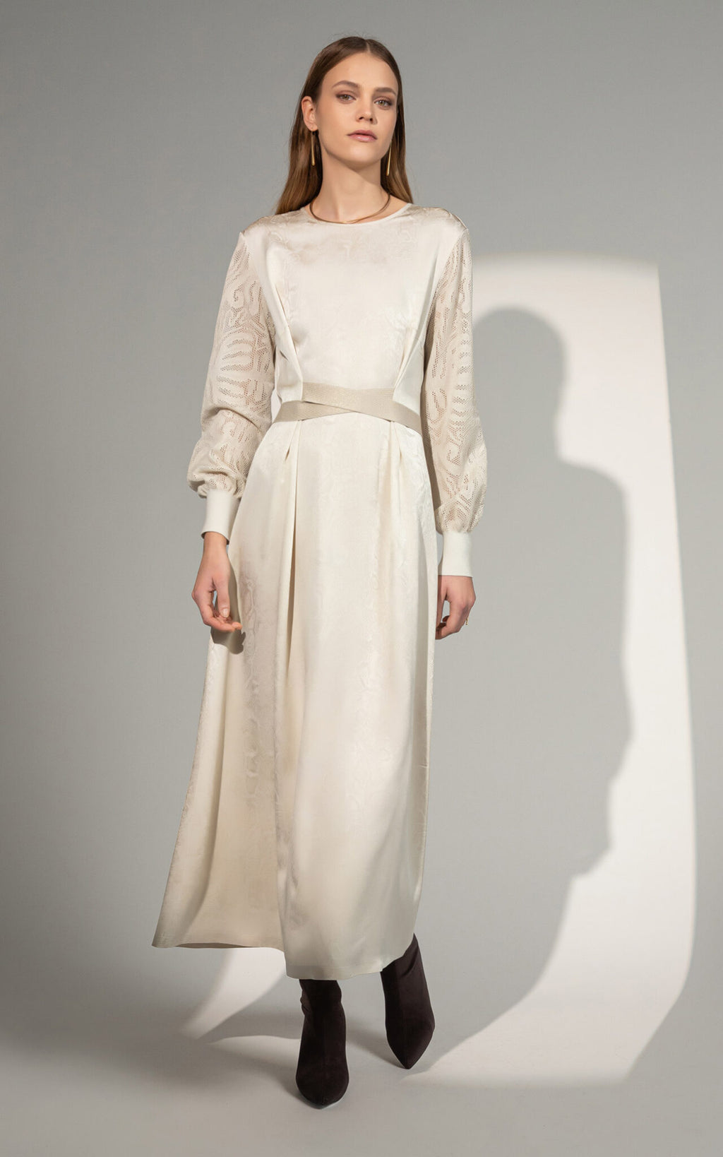 SHS-30 9015/S IVORY JACQUARD LACE SLEEVE DRESS