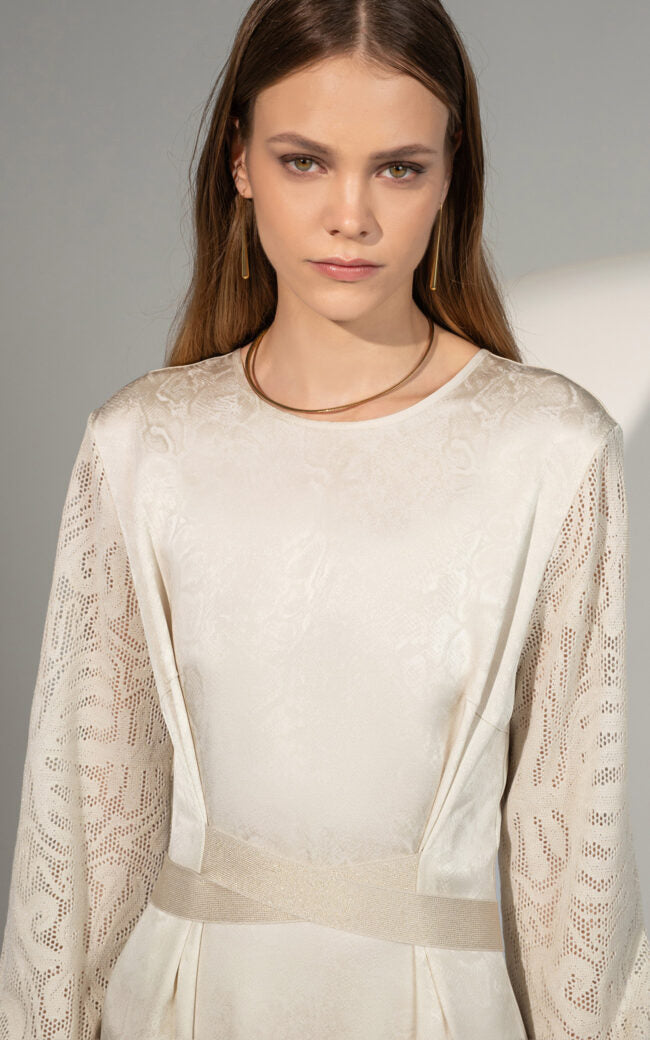 SHS-30 9015/S IVORY JACQUARD LACE SLEEVE DRESS