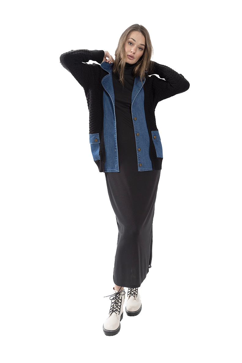 O&E-MC5470B BLACK&DENIM CARDIGAN