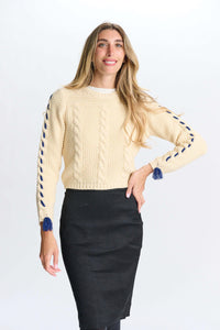 MIZ-992778 CREAM&BLUE CABLE KNIT TOP
