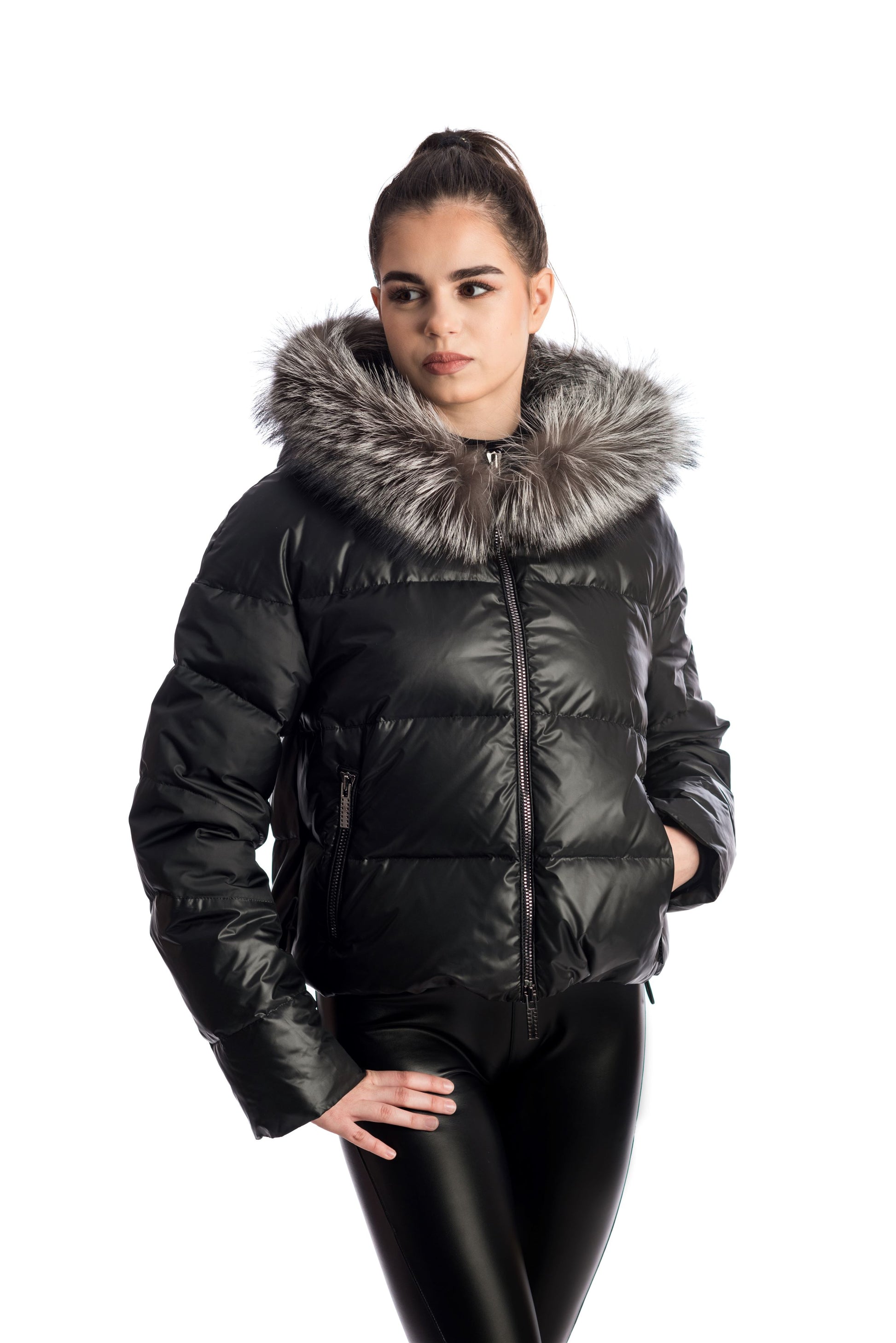 IDD-A1333-01-DF BLACK&GREY FUR DOWN JACKET