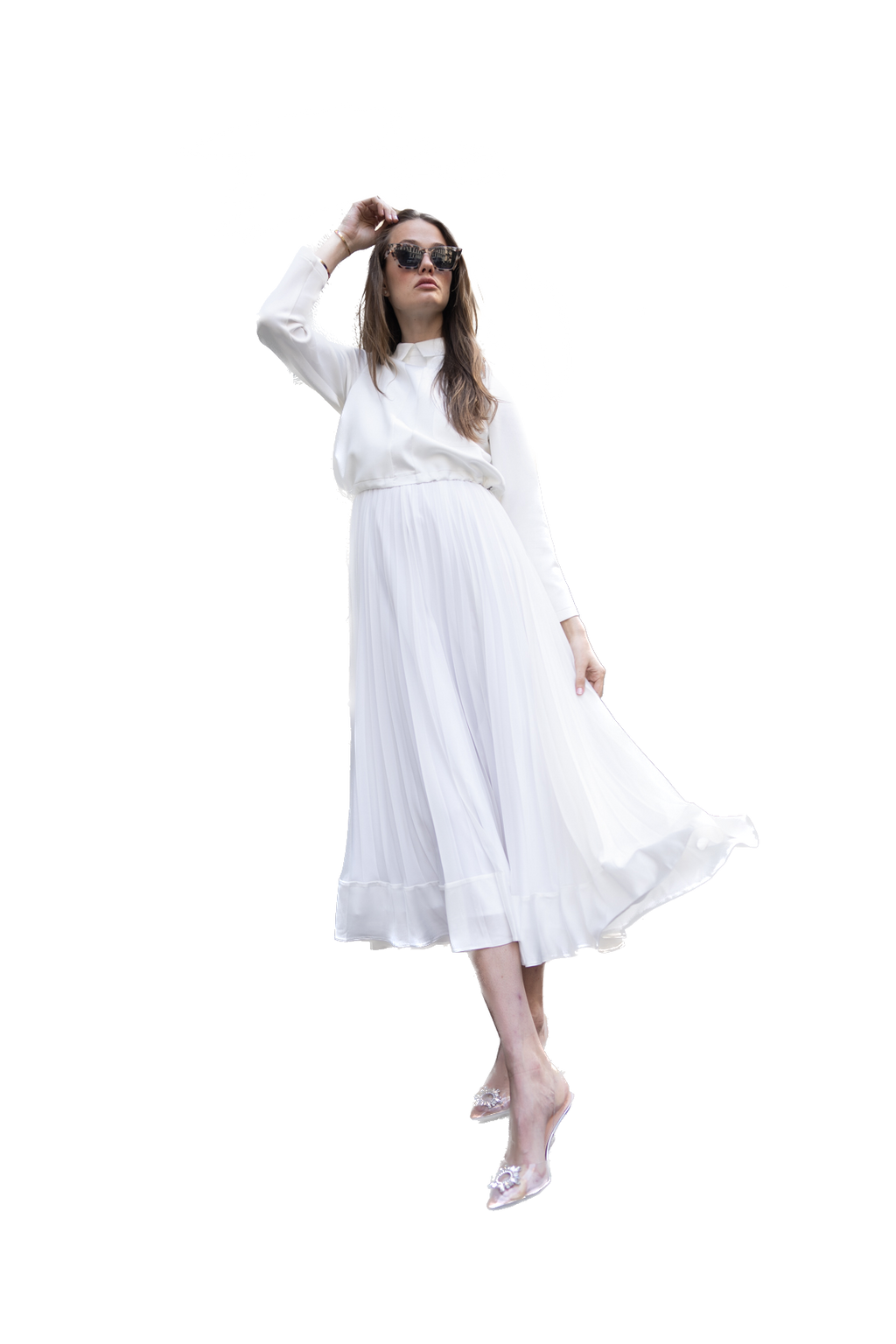 NOI-3339 IVORY SATIN & PLISE DRESS