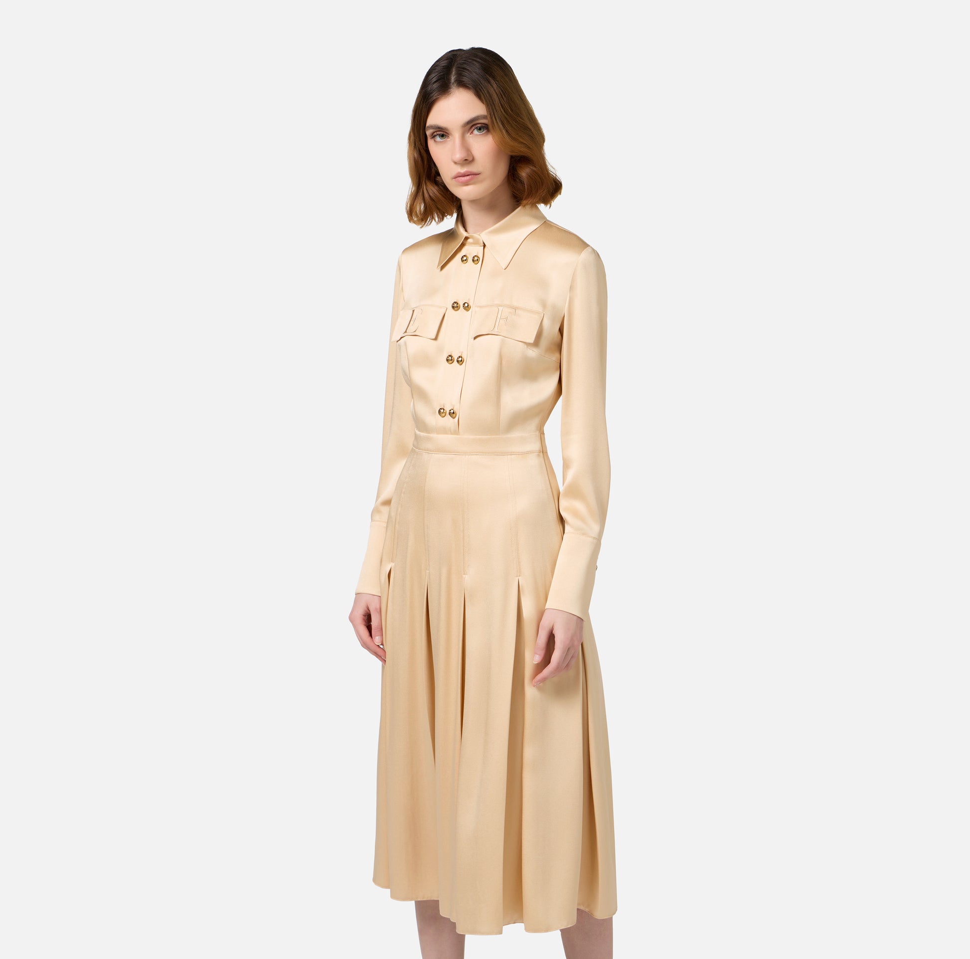 ELS-AB68846 CREAM BUTTON DRESS