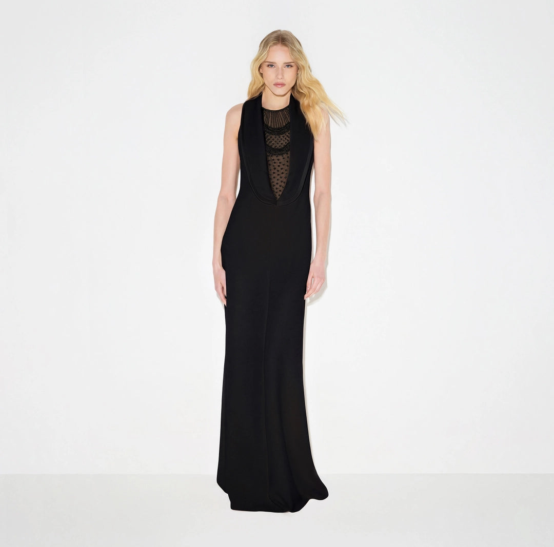 ELS-ABR1667 BLACK EMBROIDERIES CREPE DRESS
