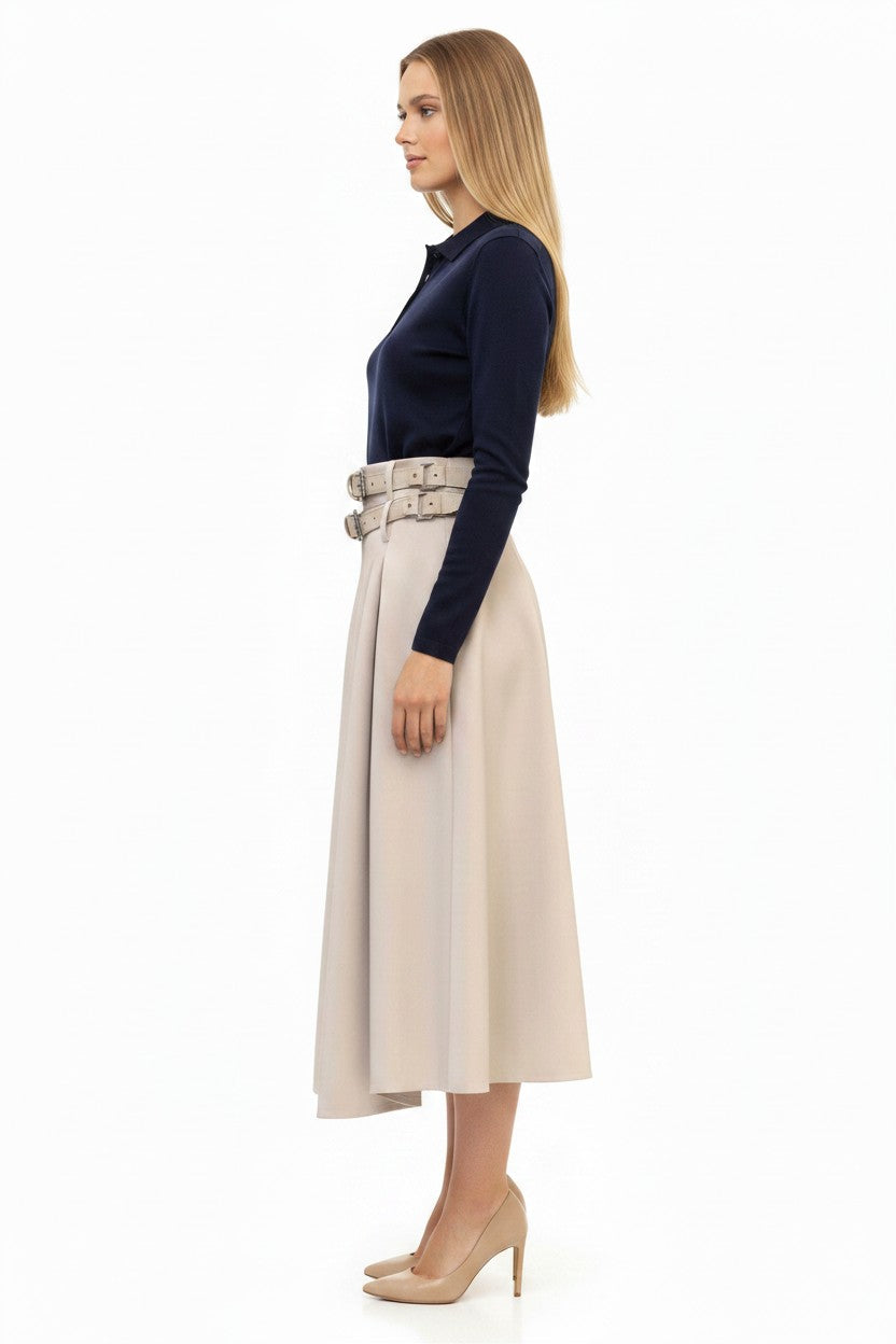 TRC-Z869 IVORY DOUBLE BELT PLEATED SKIRT