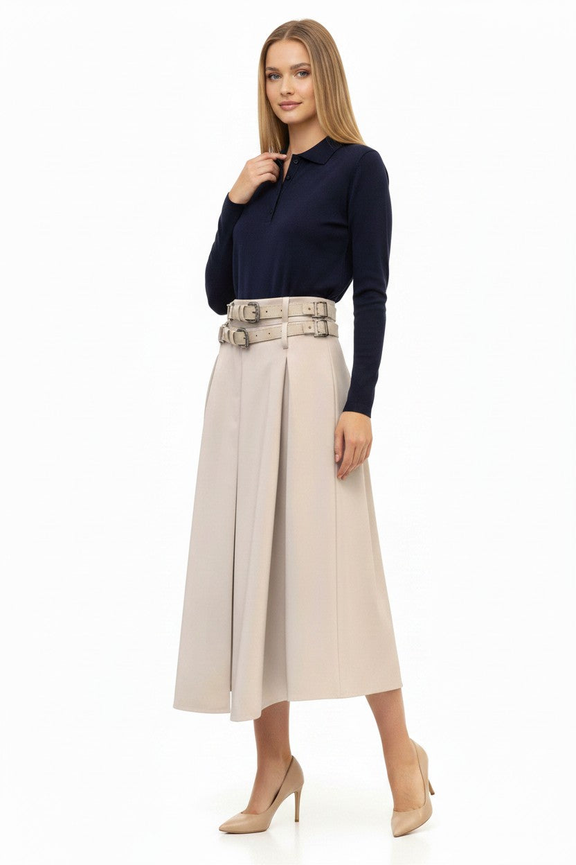 TRC-Z869 IVORY DOUBLE BELT PLEATED SKIRT