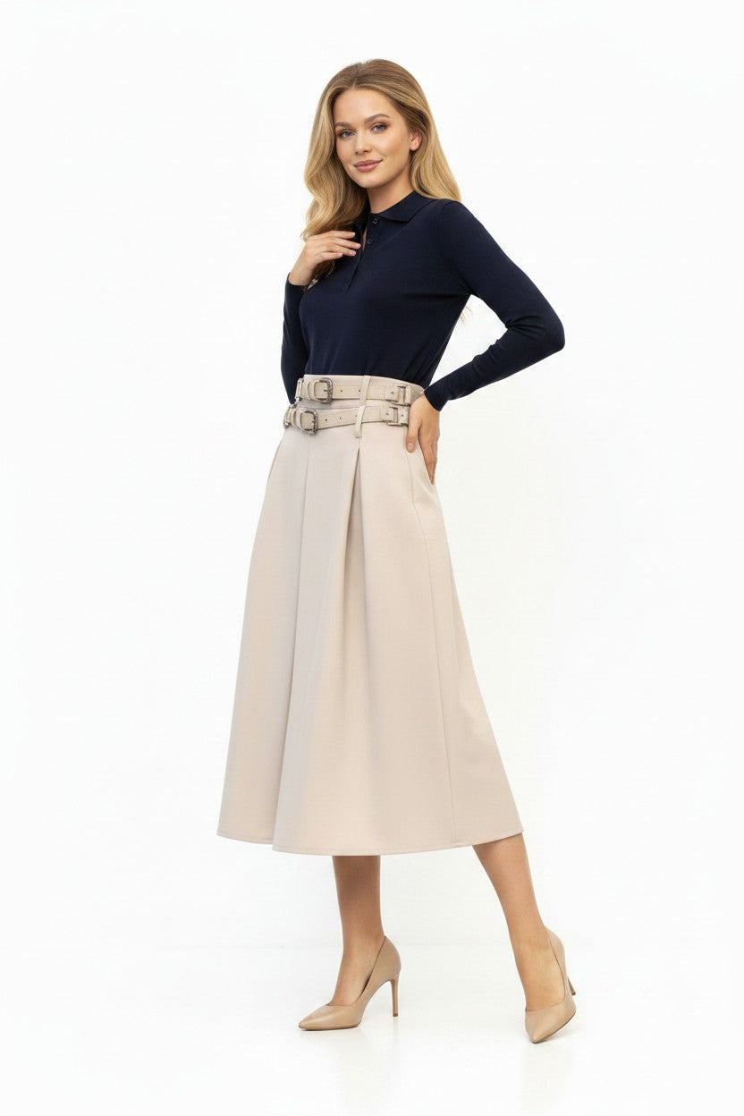 TRC-Z869 IVORY DOUBLE BELT PLEATED SKIRT