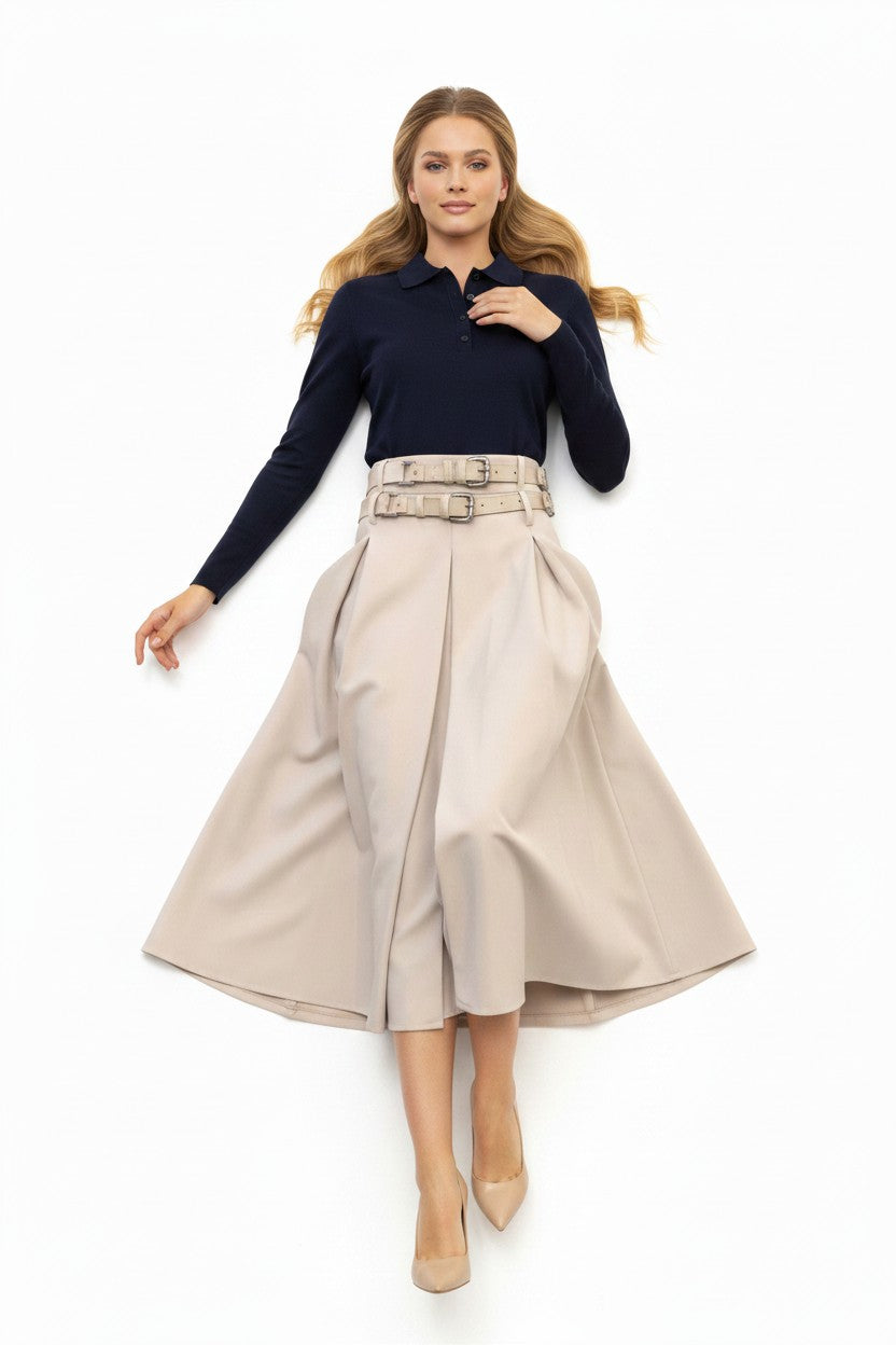 TRC-Z869 IVORY DOUBLE BELT PLEATED SKIRT