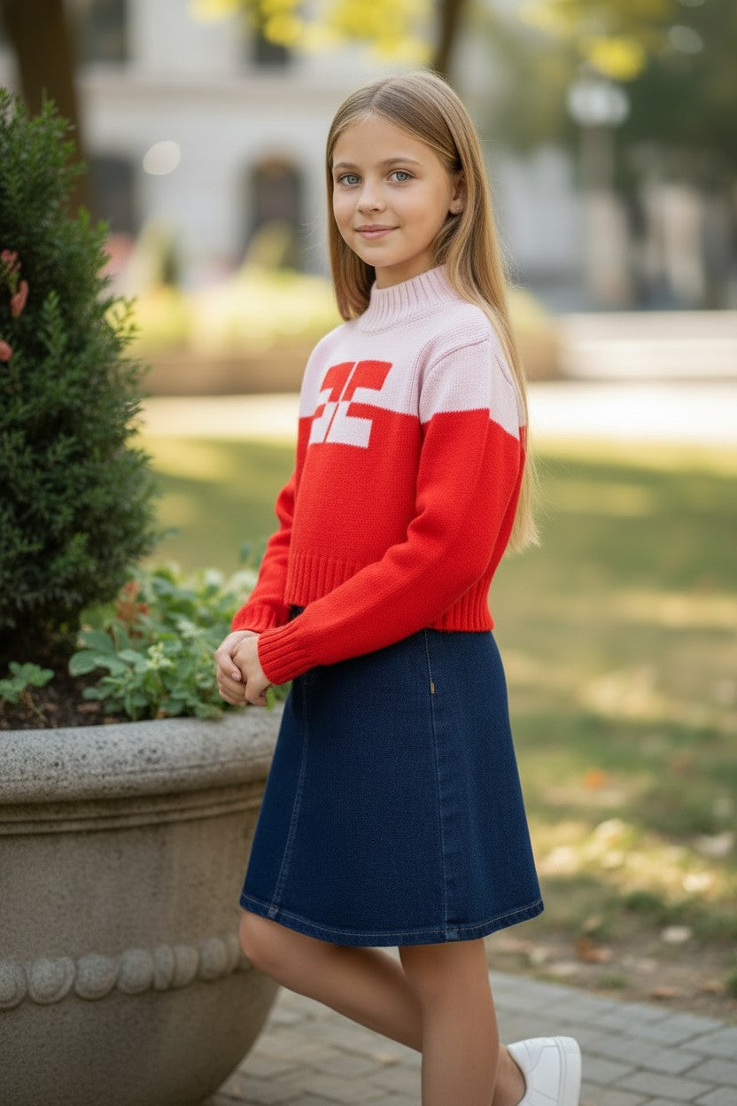 EFK-EFMA215 RED&PINK CONTRAST KNIT TOP