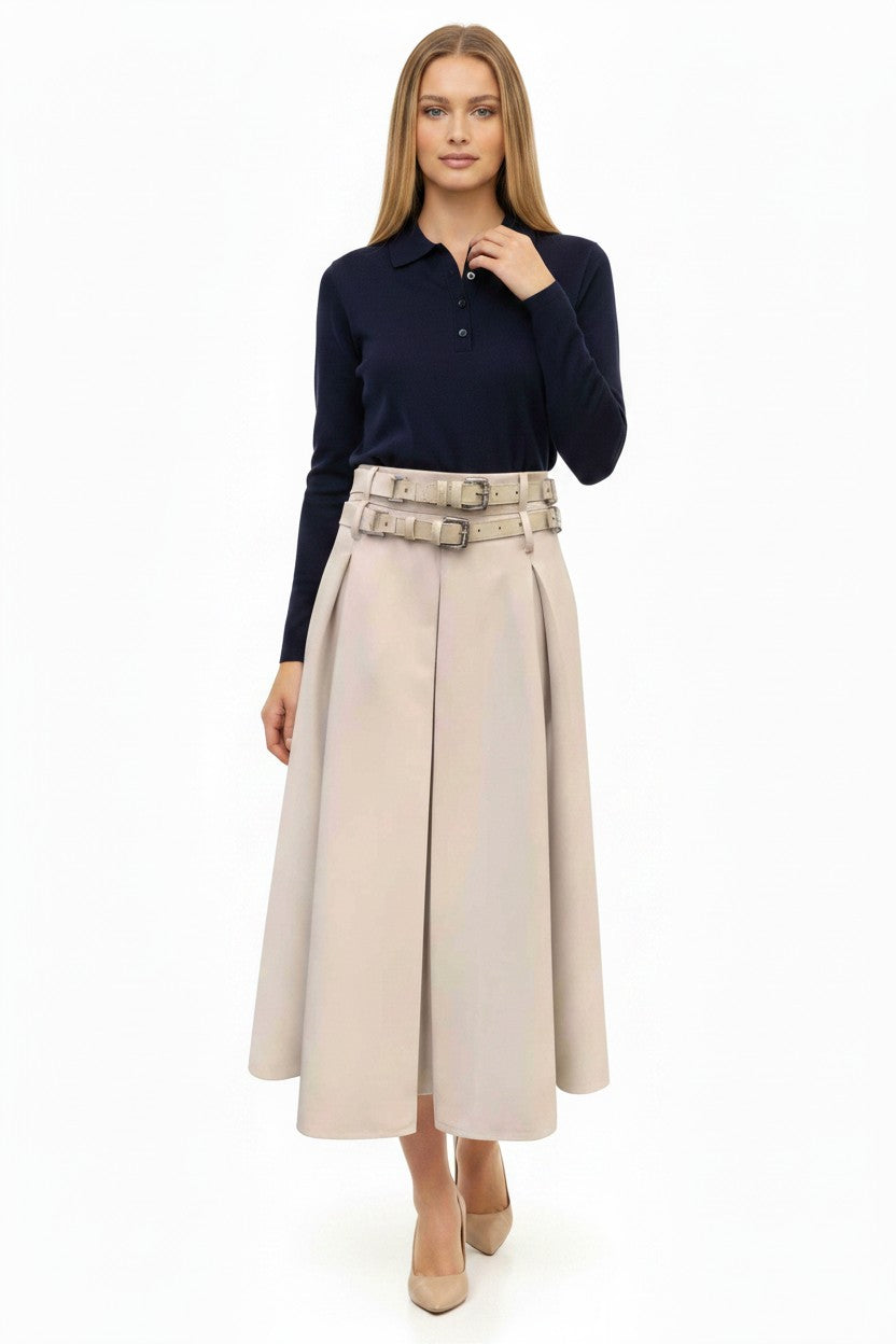 TRC-Z869 IVORY DOUBLE BELT PLEATED SKIRT