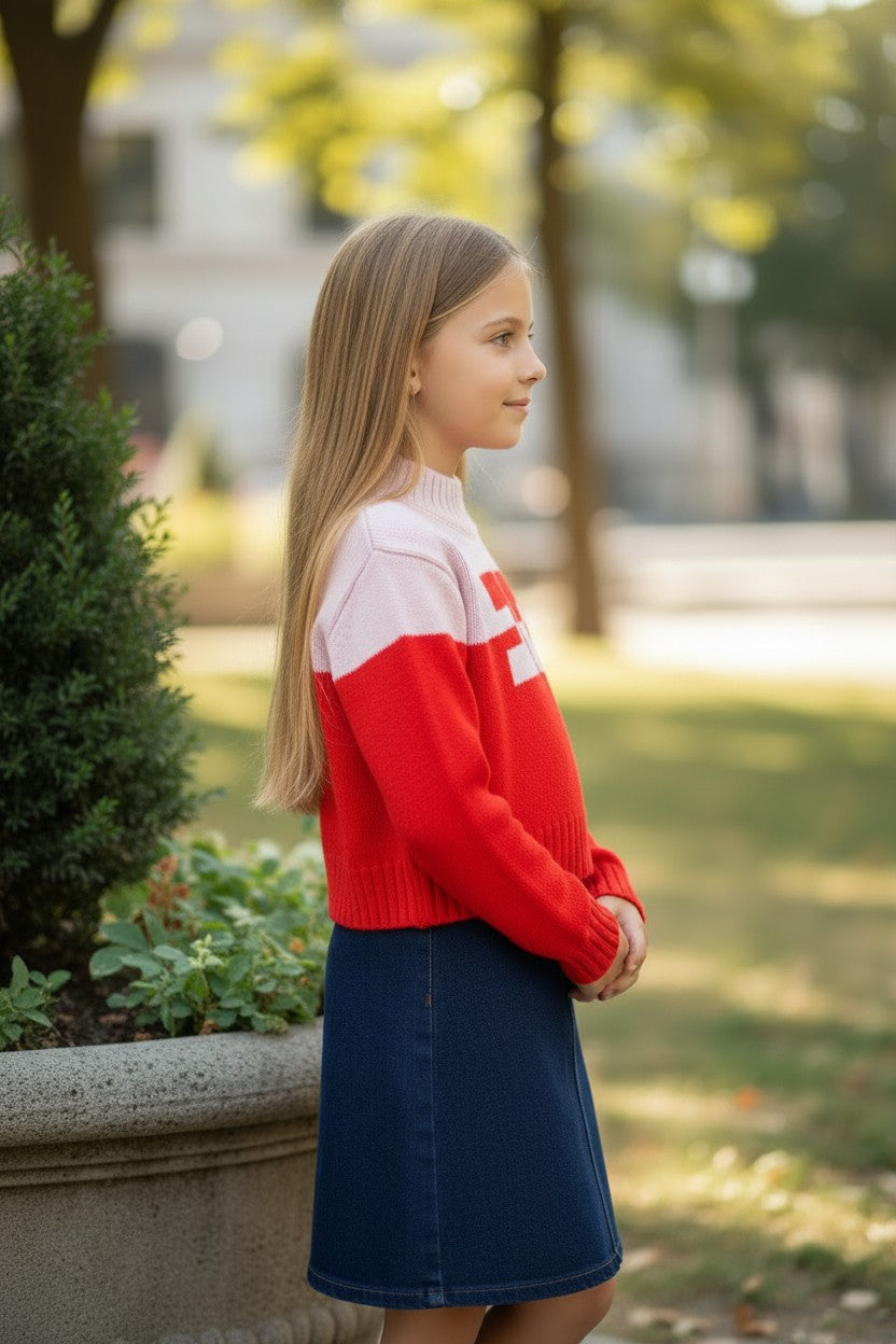 EFK-EFMA215 RED&PINK CONTRAST KNIT TOP