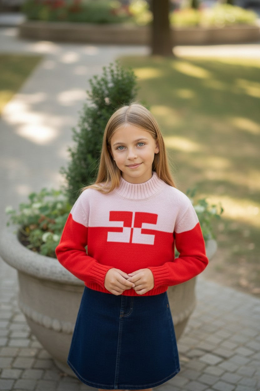 EFK-EFMA215 RED&PINK CONTRAST KNIT TOP