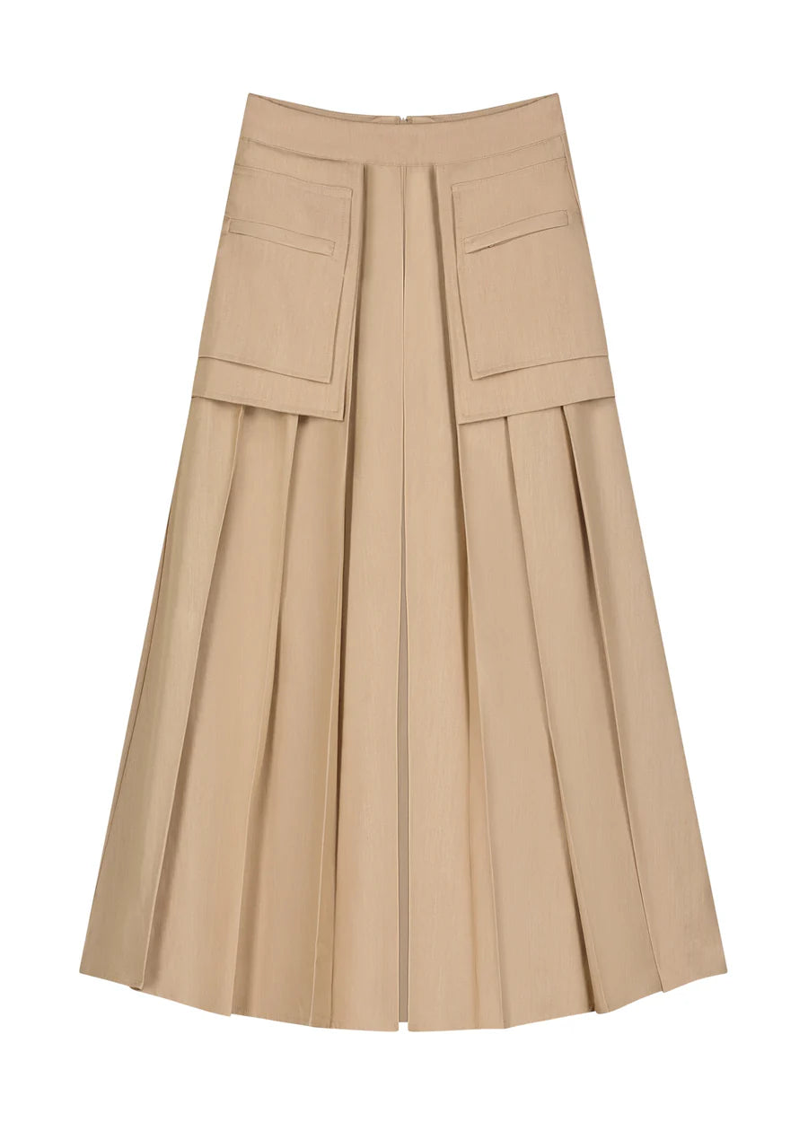 AVG-AL106S BEIGE BUTTONED POCKETS SKIRT