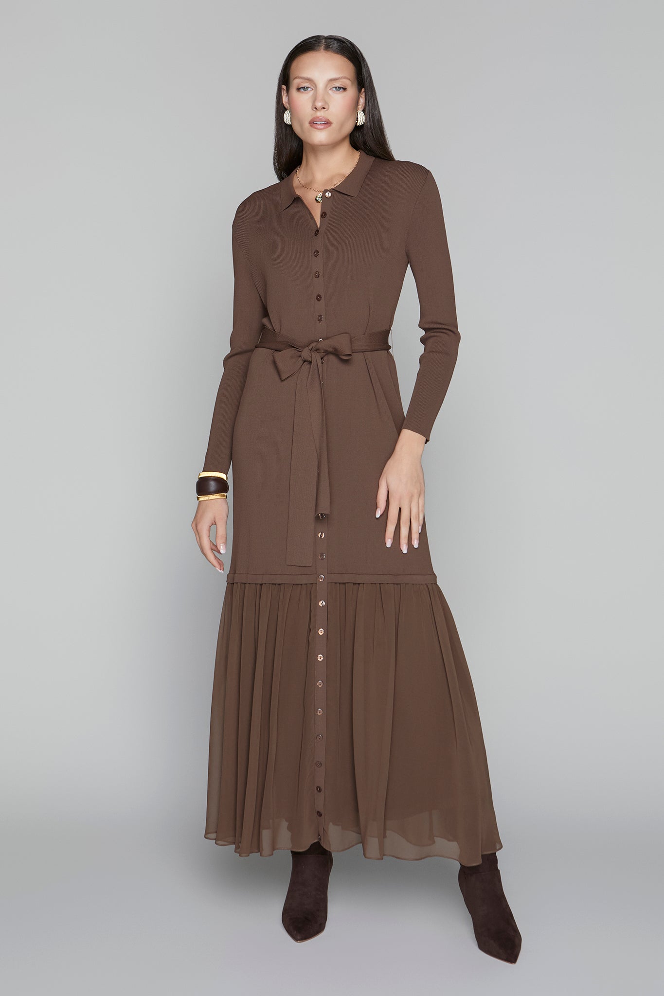 APP-F25-1015 ESPRESSO RUFFLE MAXI DRESS