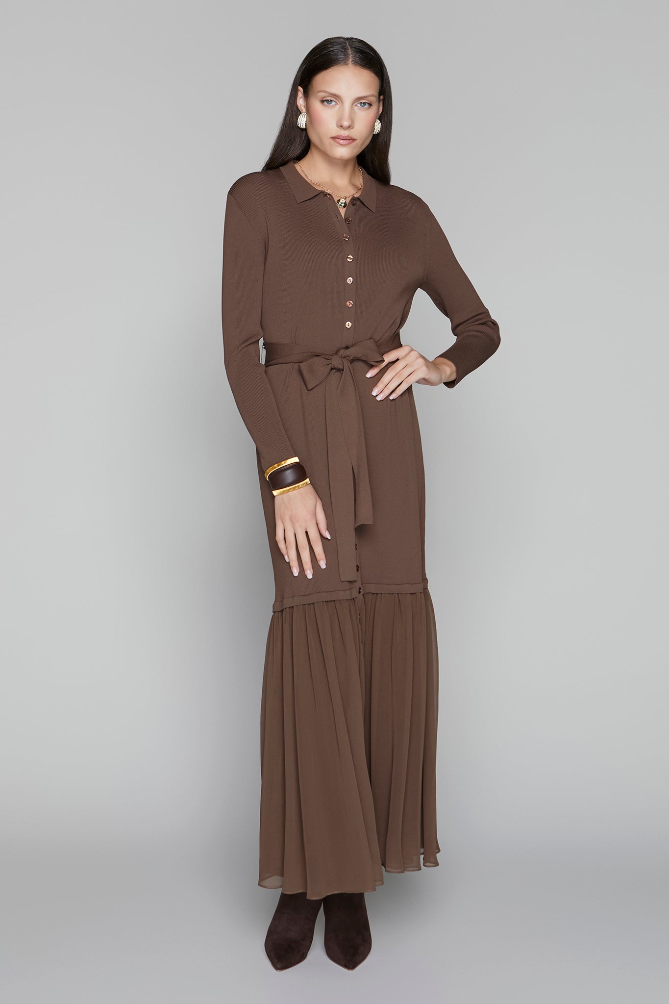 APP-F25-1015 ESPRESSO RUFFLE MAXI DRESS