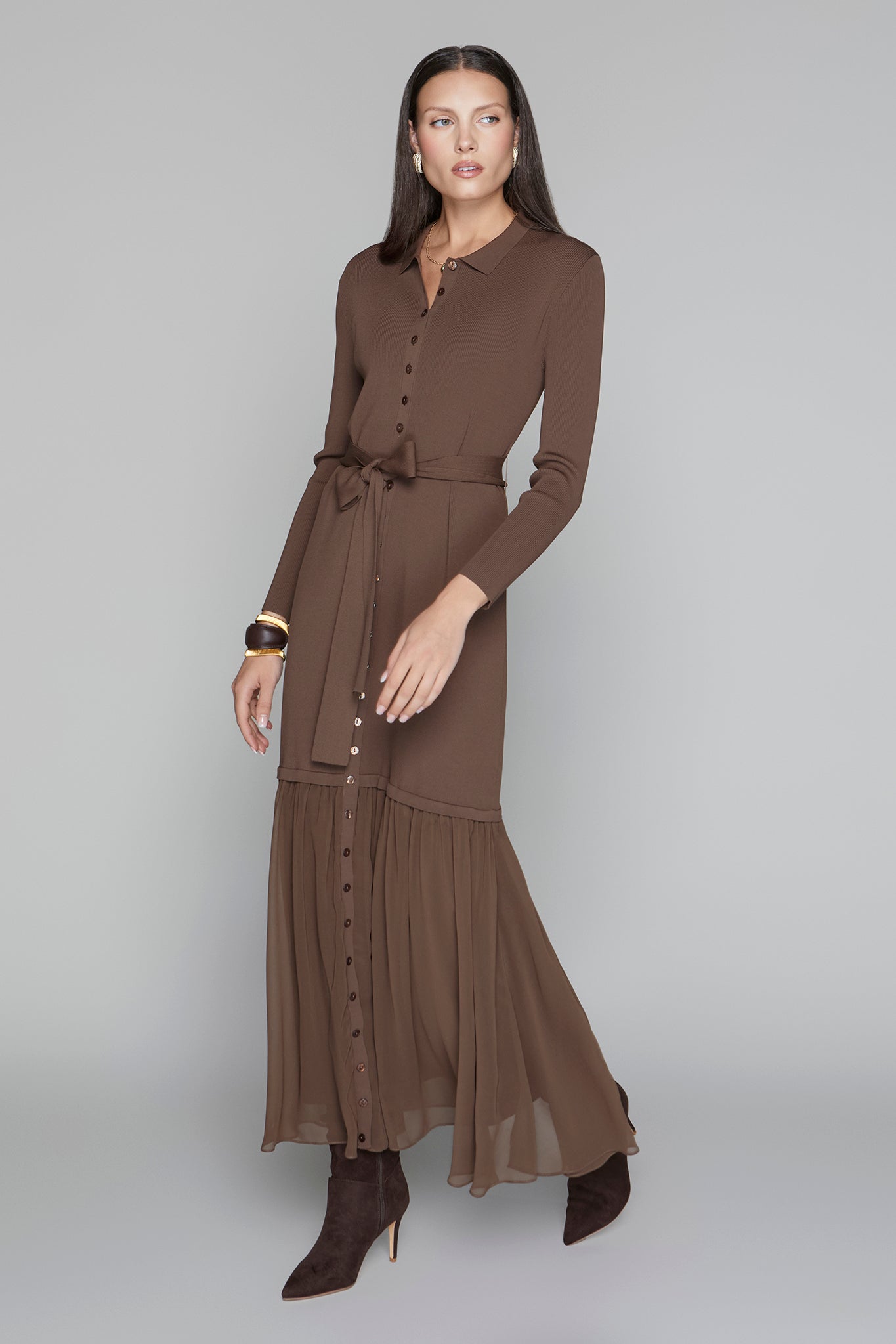 APP-F25-1015 ESPRESSO RUFFLE MAXI DRESS