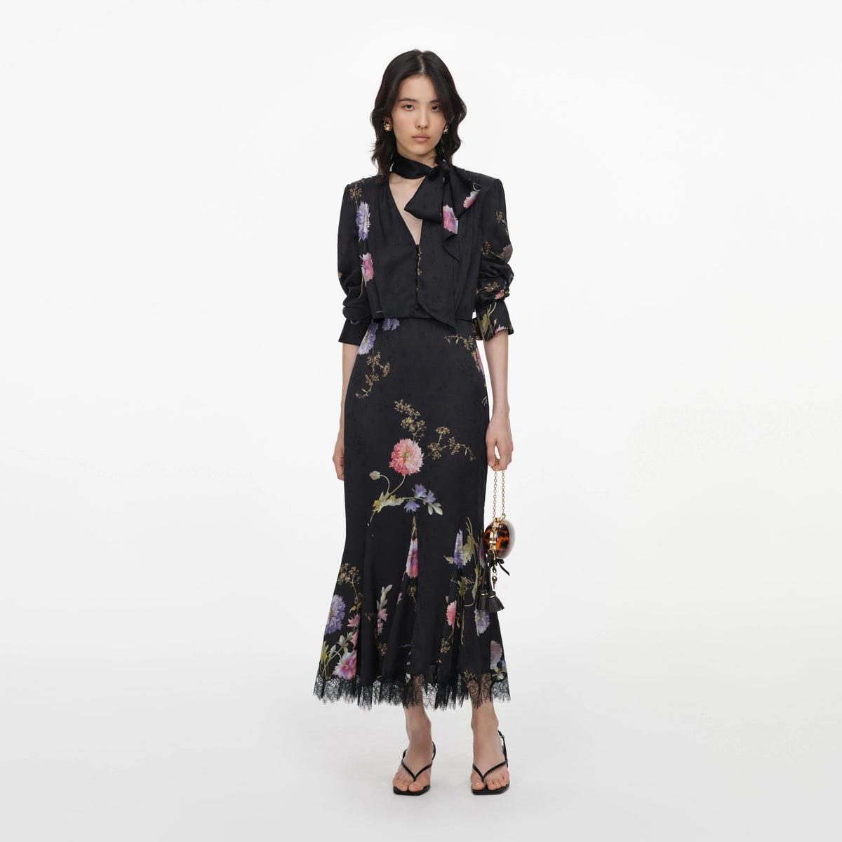 SPO-AW26-026M BLACK SATIN FLORAL DRESS