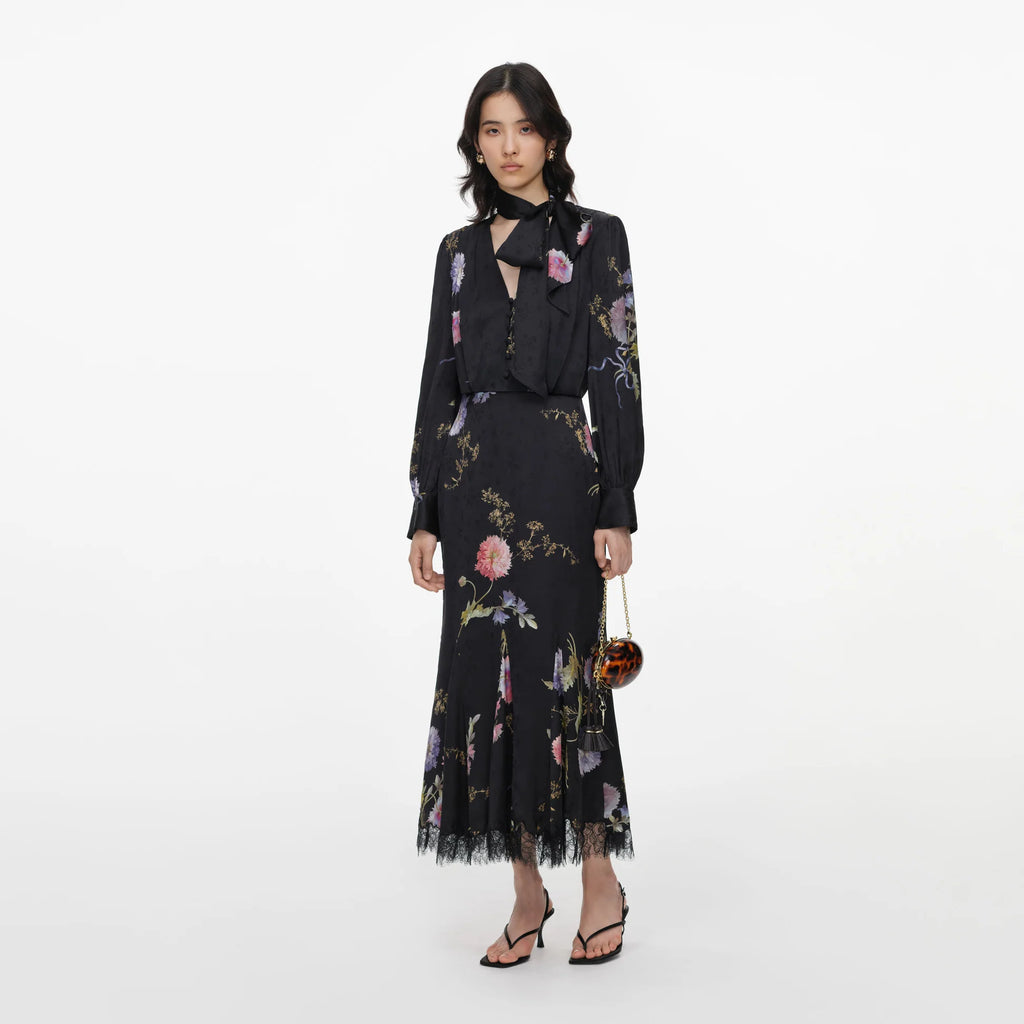 SPO-AW26-026M BLACK SATIN FLORAL DRESS