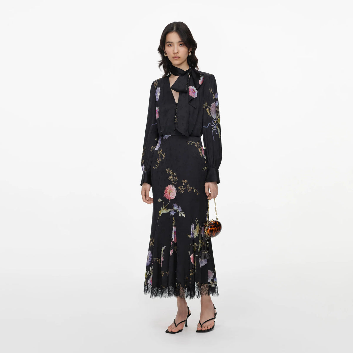 SPO-AW26-026M BLACK SATIN FLORAL DRESS