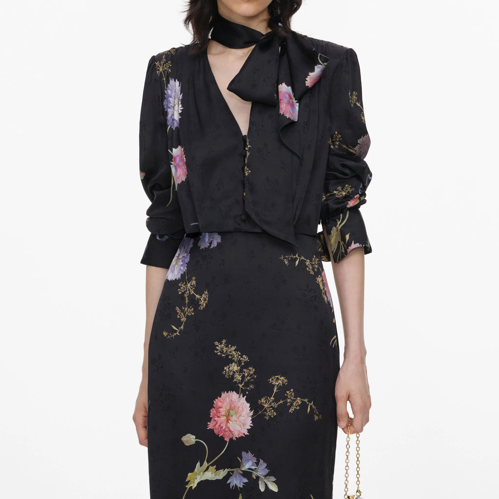 SPO-AW26-026M BLACK SATIN FLORAL DRESS