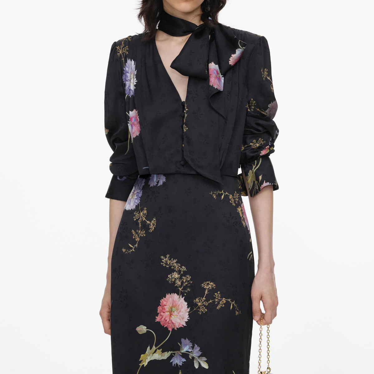 SPO-AW26-026M BLACK SATIN FLORAL DRESS