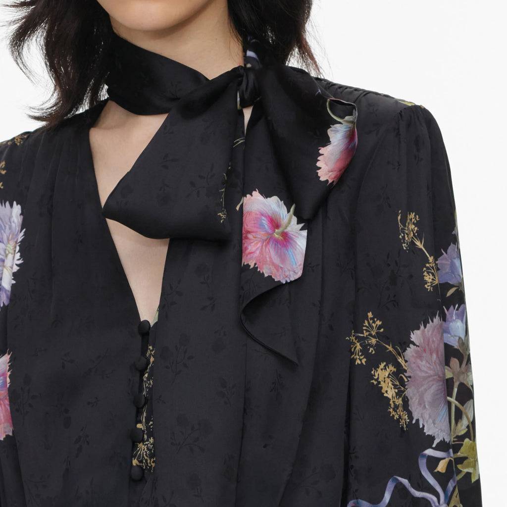 SPO-AW26-026M BLACK SATIN FLORAL DRESS