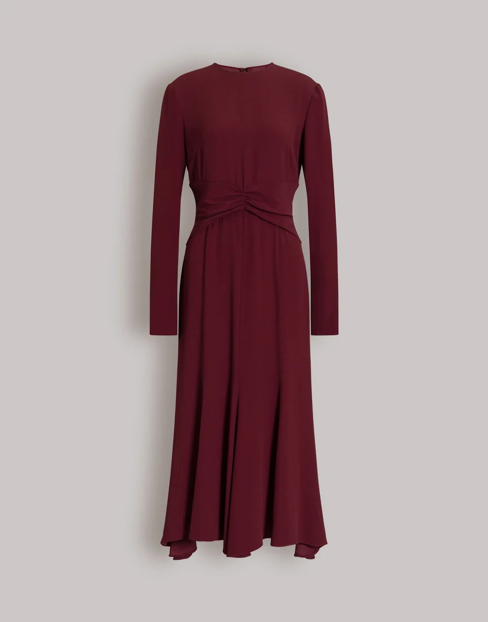 ABF-A0410 BURGUNDY GATHERED WAIST DRESS