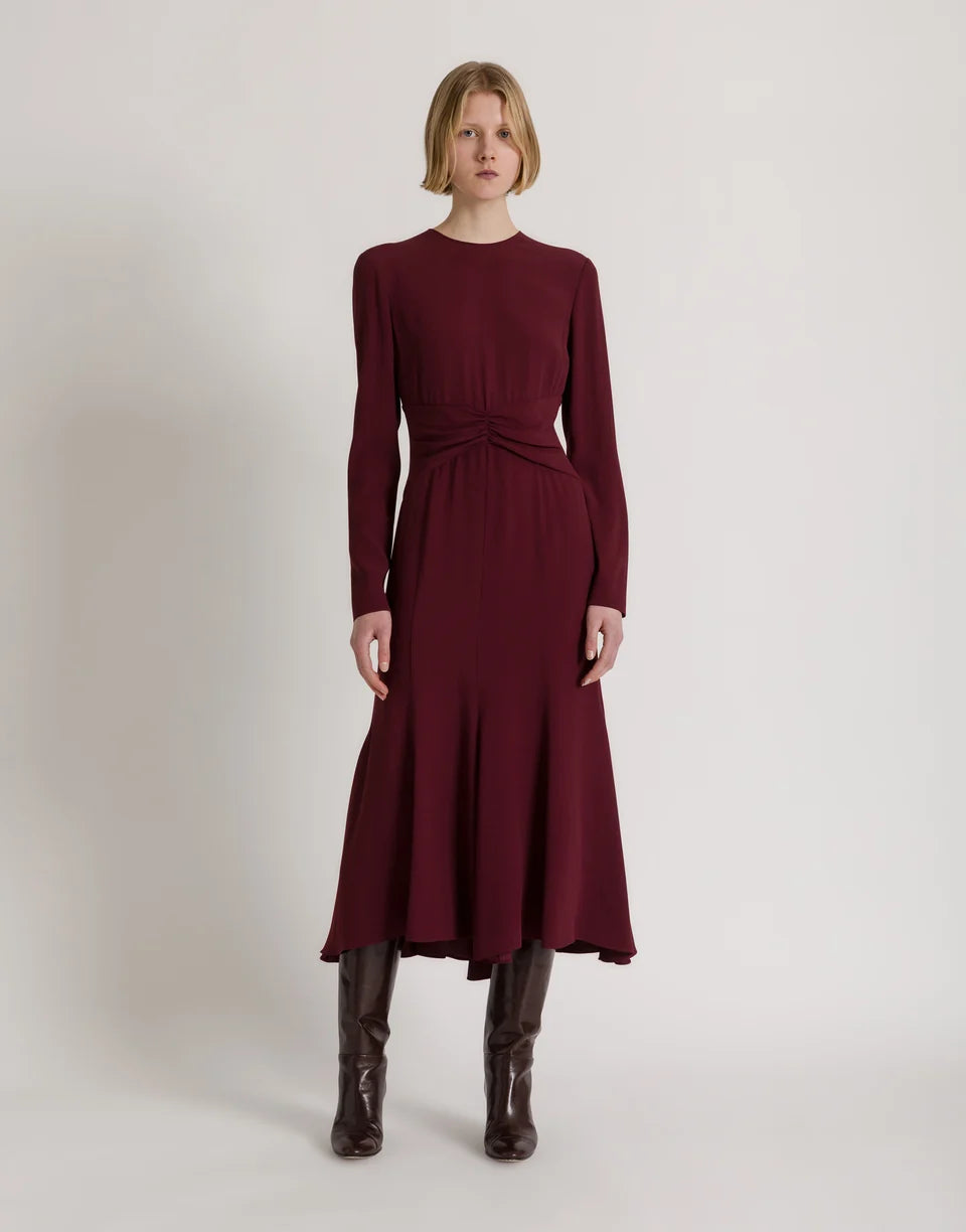 ABF-A0410 BURGUNDY GATHERED WAIST DRESS