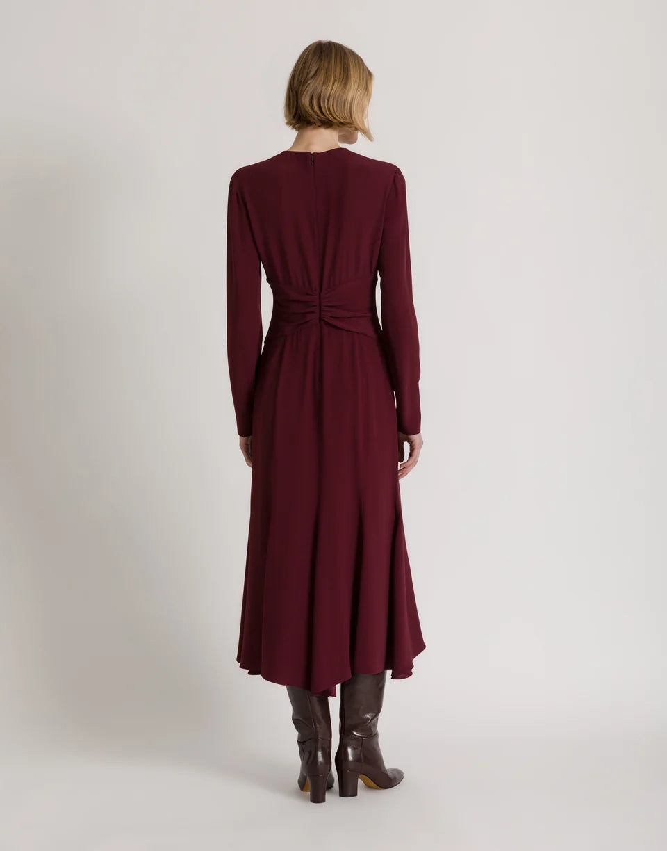 ABF-A0410 BURGUNDY GATHERED WAIST DRESS