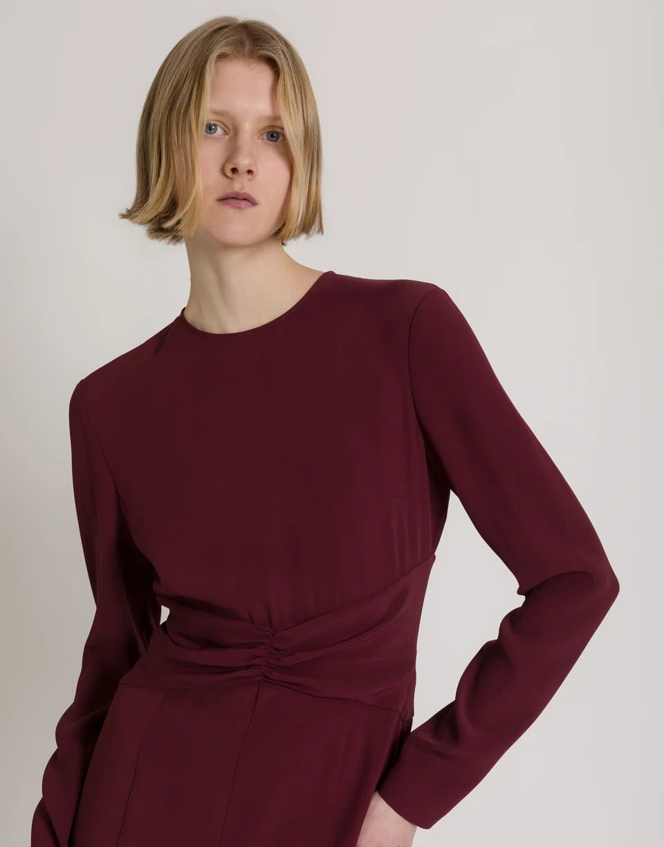 ABF-A0410 BURGUNDY GATHERED WAIST DRESS