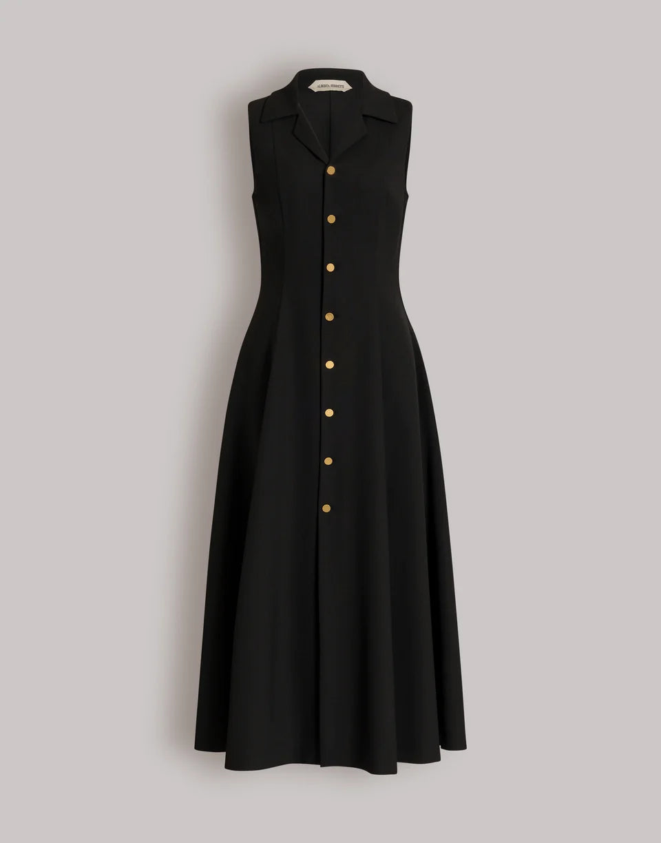 ABF-A0444 BLACK BUTTON DOWN PLEATED DRESS