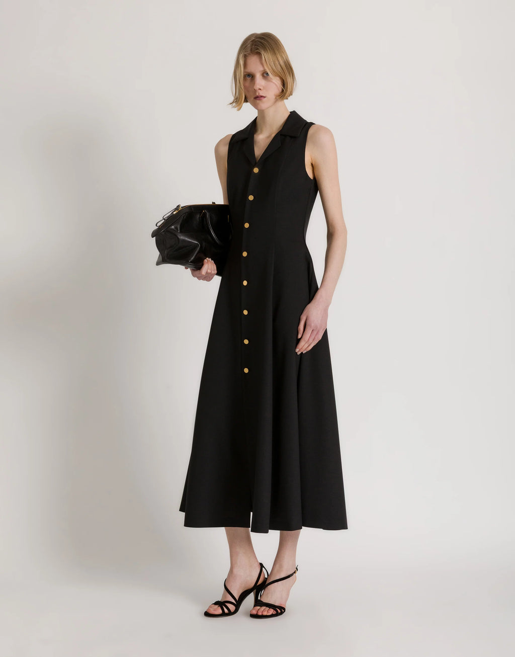 ABF-A0444 BLACK BUTTON DOWN PLEATED DRESS