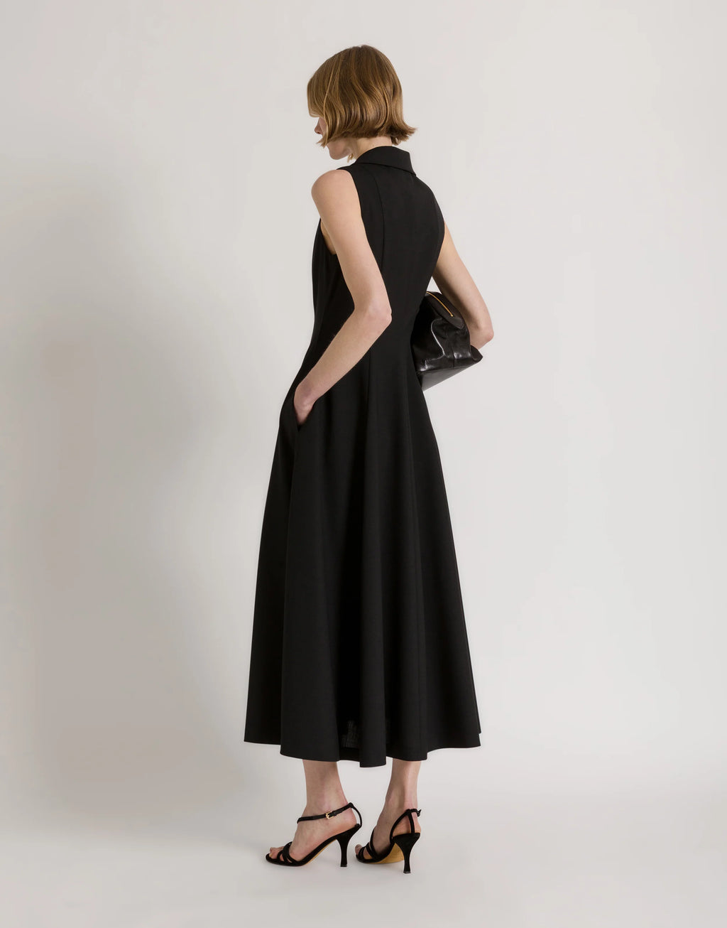 ABF-A0444 BLACK BUTTON DOWN PLEATED DRESS