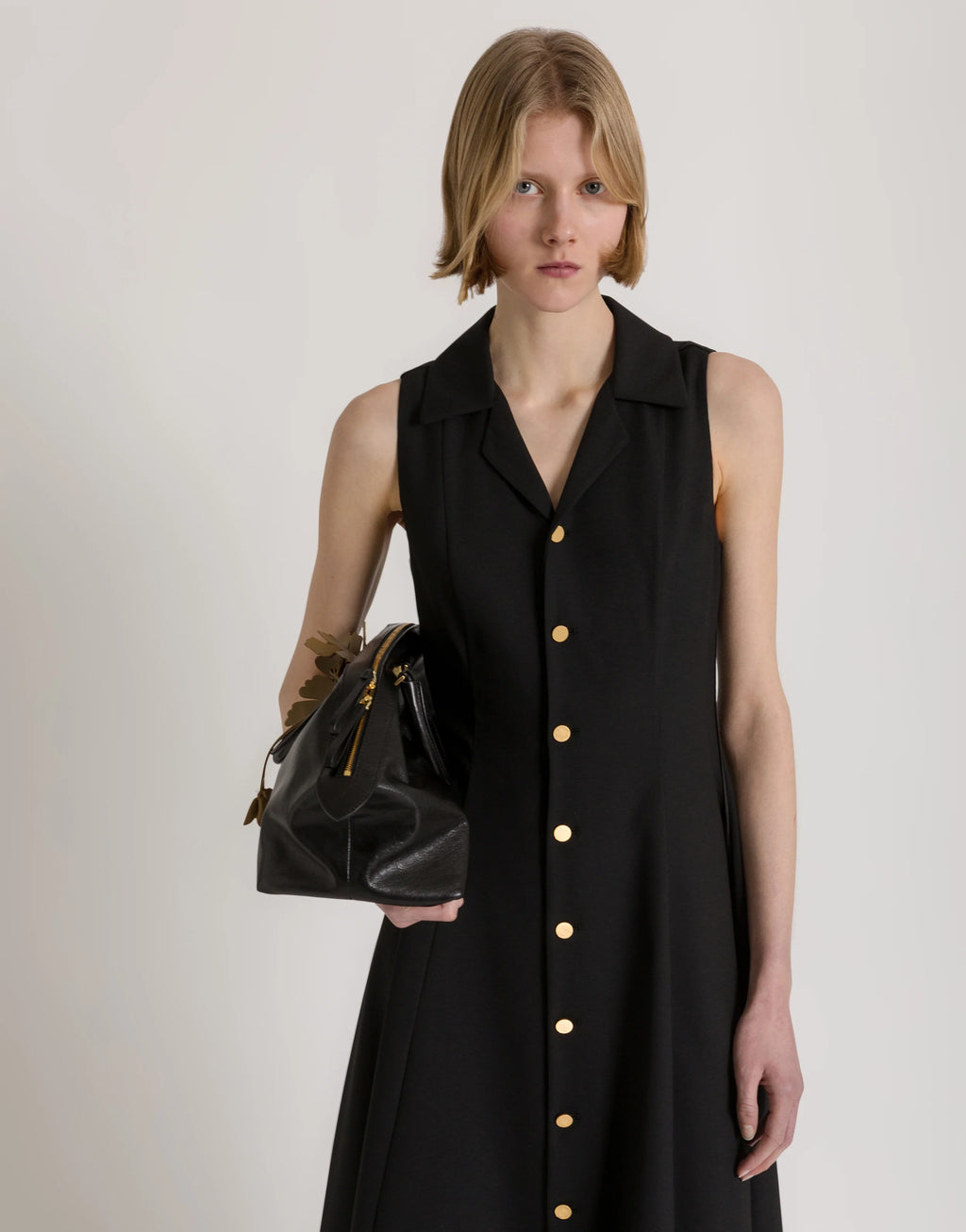 ABF-A0444 BLACK BUTTON DOWN PLEATED DRESS