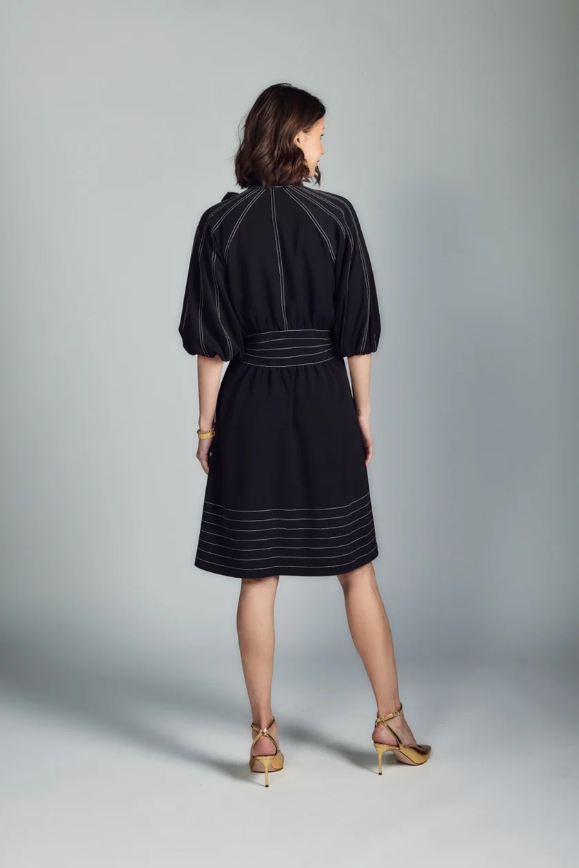 ALZ-D506 BLACK BOW TIE DRESS WITH WHITE STITCHING